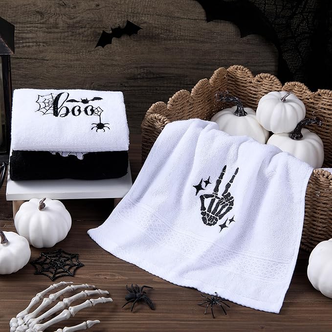 3 Pcs Halloween Hand Towels for Bathroom, Boo Ghost Black White Embroidered Towels Farmhouse Decorative 13.78 x 29.53 Inch Absorbent Soft Cotton for Kitchen Dish Fast Drying Gift