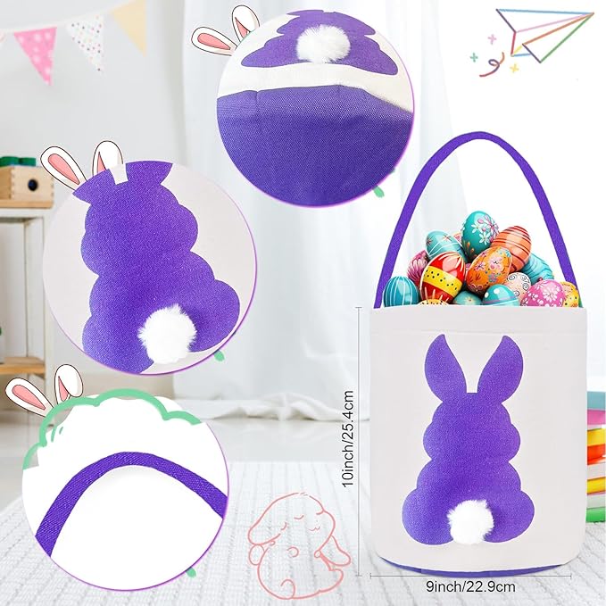 2 Pack Easter Bunny Baskets Bags for Kids, Easter Basket Bags, Easter Hunt Empty Basket with Handle,Canvas Rabbit Tote Bags Storage Buckets for Party Gifts,Easter Eggs (Purple-LightBlue)