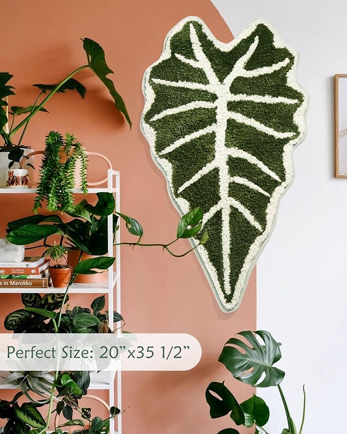 Green Leaf Bathroom Rugs-Tropical Leaves Shaped Bath Mat for Cute Bathroom Decor Alocasia Leaf Plant Rug for Boho Bedroom Washable Sage Green Shower Mat 20''x35.5''