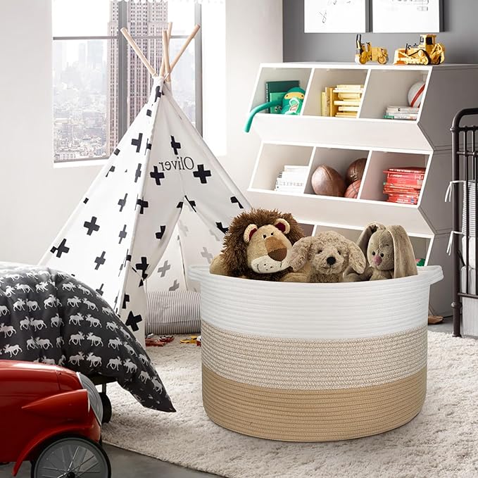 Extra Large Storage Basket, 22” X 22” X 14” Blanket Basket Living Room, Kids Toy Box Organizer, Woven Cotton Rope Baskets for Storage, Soft Dog Toy Bin, Wicker Pillow Blanket Holder
