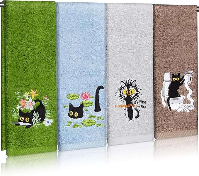 4 Pack Funny Black Cat Hand Towels Embroidered Towels Set for Bathroom Kitchen Decor Soft Absorbent Cotton Face Wash Cat Lover Gifts for Women Men Home Accessories 29" x 13"
