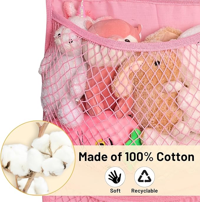 Over The Door Stuffed Animal Storage, Cotton Toy Organizer for Storage Plush Toys,Baby Supplies, Stuffed Animal Holder with 4 Large Pockets, Hanging Door Organizer for Nursery, Bedroom (Pink)