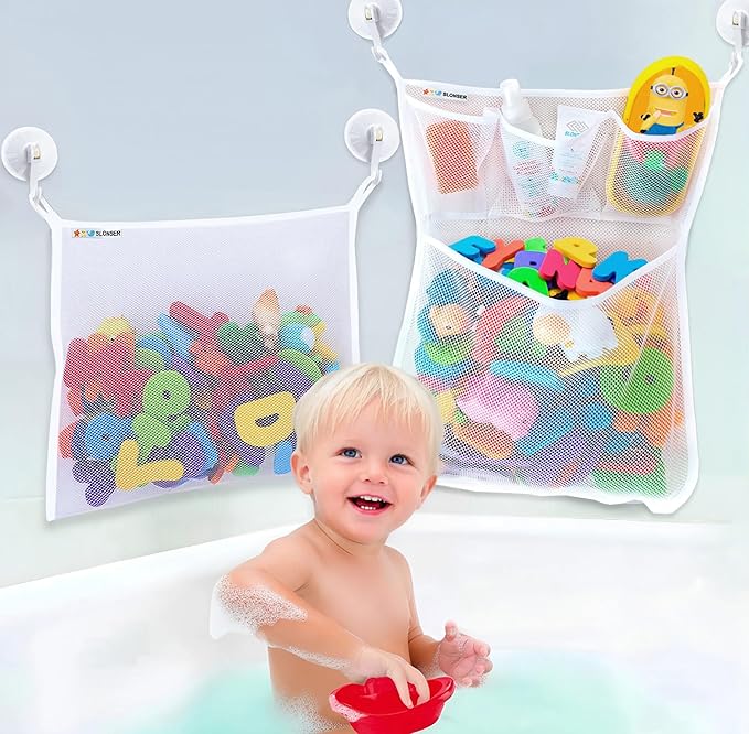2 x Large Bath Toy Holder, Kids Bath Tub Toy Basket, Corner Mesh Bag, Baby Bathtub Storage Organizer, Bathroom Net Bucket, Toddler Shower Caddy Hanging Bin with 6 Suction Cups, 4 Adhesive Wall Hooks