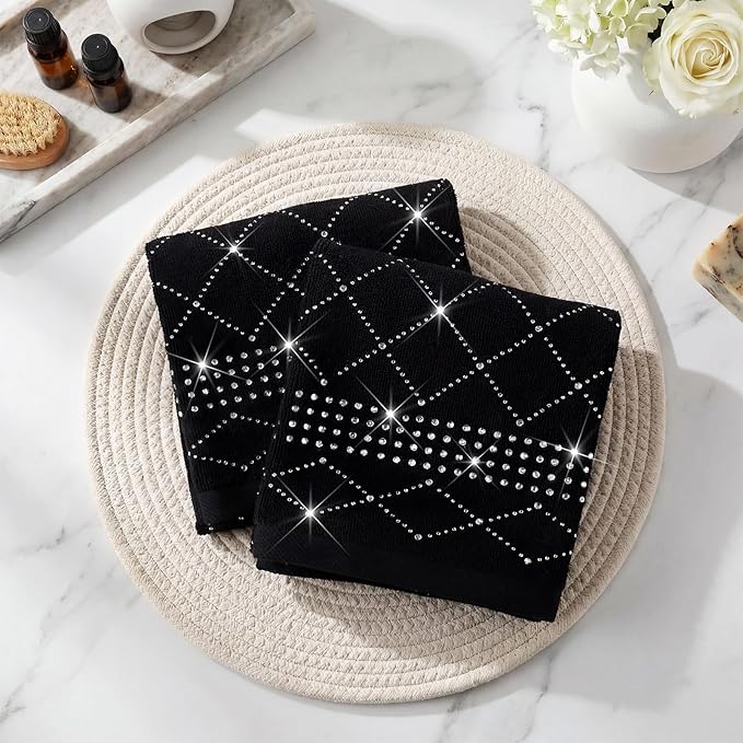2 Pcs Black Sparkling Hand Towels with Full Rhinestones for Bathroom 100% Cotton Glitter Soft Elegant Hand Bath Towels Absorbent Machine Washable for Spa Yoga Hotel Sport, 29.5" x 13.8"