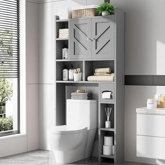 Meilocar Over The Toilet Storage Cabinet, Freestanding Farmhouse Storage Cabinet Over Toilet, Bathroom Organizer with Paper Holder Stand and Adjustable Shelf, Grey