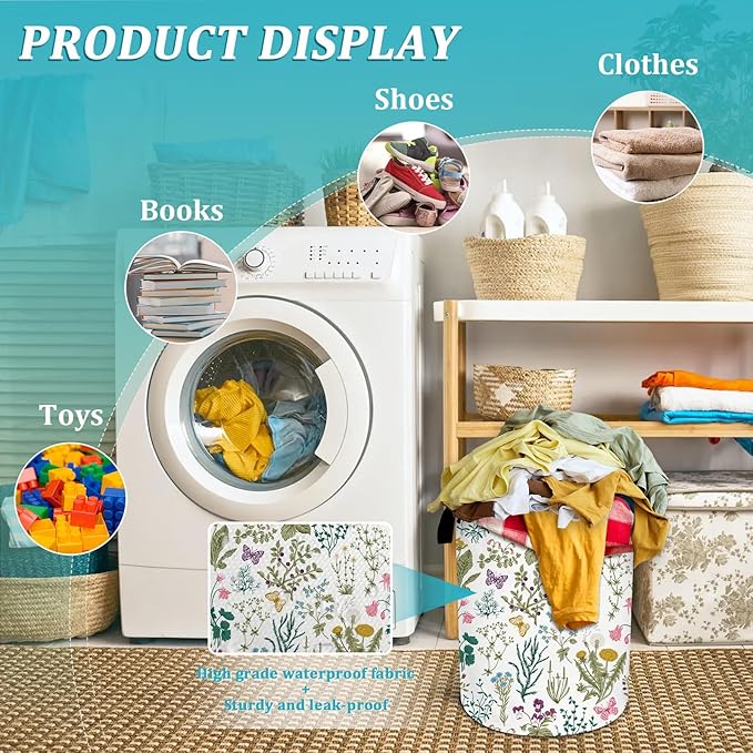 Vintage Floral Laundry Basket, Plants Herbs Flower Laundry Hamper Foldable Waterproof Funny Tote Bag Dirty Clothes Storage Bucket Toy Organizer for Bathroom/Laundry/Bedroom 15.7"x19.6"