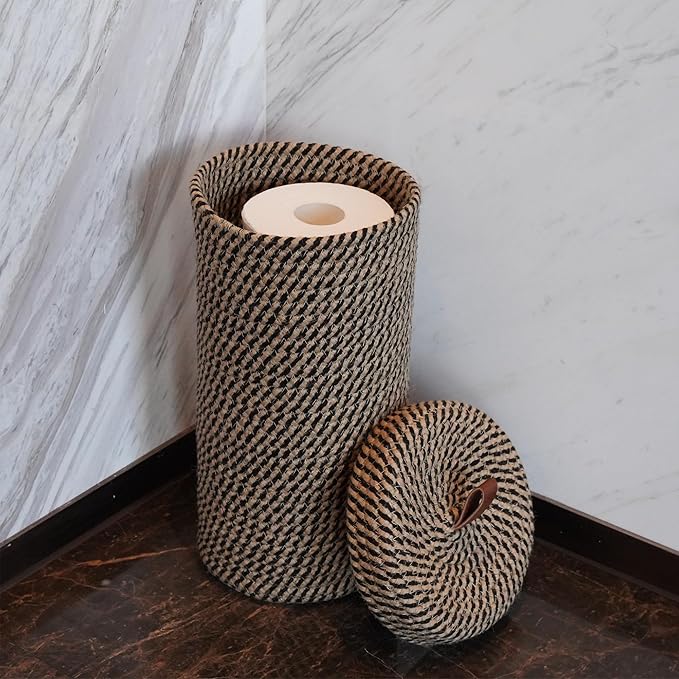 Handmade Cotton & Jute Toilet Paper Holder – Woven Toilet Paper Stand & Storage Basket with Lid, Freestanding Organizer for Bathroom, Fits 3 Mega Rolls 14" x 7''