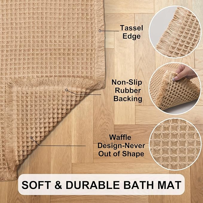 Hiasan Waffle Bath Mat, Super Absorbent Non Slip Bathroom Boho Rug with Tassels, Machine Washable Bath Mats for Bathroom, Ultra Soft Rubber Backed Rug, Brown, 20 x 32 Inches