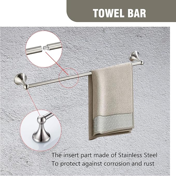 4-Piece Bathroom Hardware Set: Brushed Nickel Bathroom Accessory Set, Towel Bar,Towel Ring,Toilet Paper Holder,Robe Hook, Wall Mounted,Optional Install Longer or Shorter Towel bar