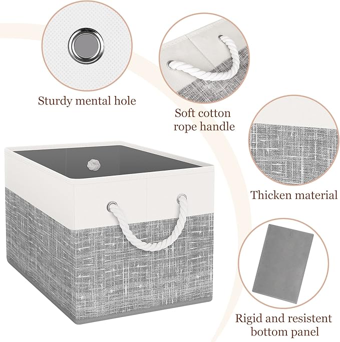 Storage Bin,Collapsible Storage Basket For Organizing,Large Storage Boxes With Rope Handles,Storage Containers,White & Grey,6 Pack
