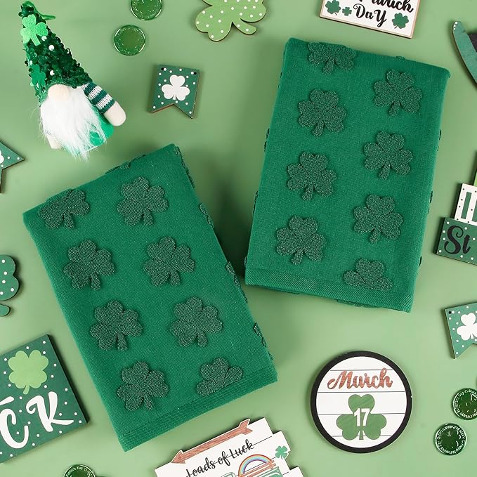 2 Pack St. Patrick's Day Hand Towels Kitchen Dish Towels Green Shamrock 100% Cotton Soft Absorbent Decorative Bathroom Towels Set for Cleaning, Cooking, Swimming,Gifts,13.7'' x 29.5''