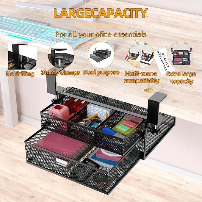 Under Desk Drawer Organizer No Drilling 2 Slide Out Drawer Under Desk Storage Drawer Clamp On Under Desk Management Drawer Organizer Suitable for Home and Office | No Drilling, Clamp On, Organizer