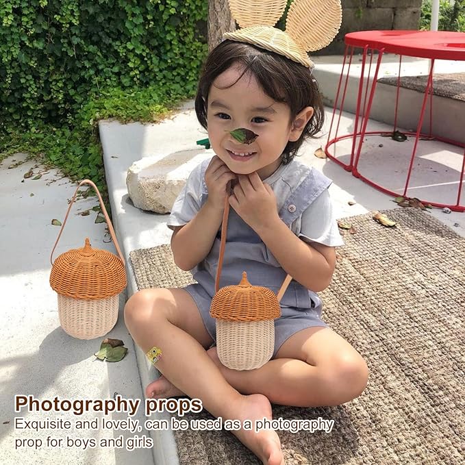 Rattan Storage Basket, Hand Woven Decorative Acorn Shaped Basket Bag Photography Props Decorative Basket for Boys Girls (Large Handbag)