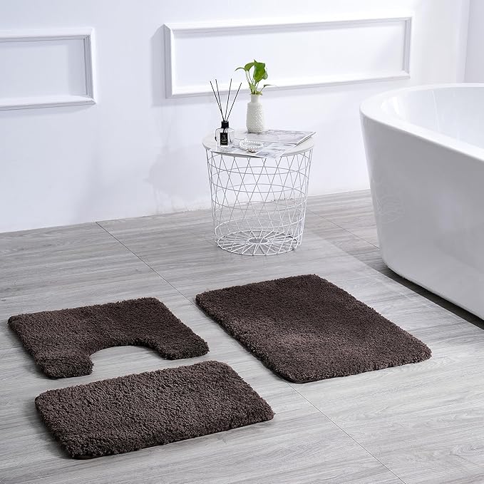 3 Pieces Luxury Bathroom Rug Set with U-Shaped Toilet Rug, Non-Slip Rubber Bottom, Thick Microfiber Fluffy Plush, Water absorption, Quick Dry, Ultra Soft, Bath Mats for Bathroom, Tub(Chocolate)
