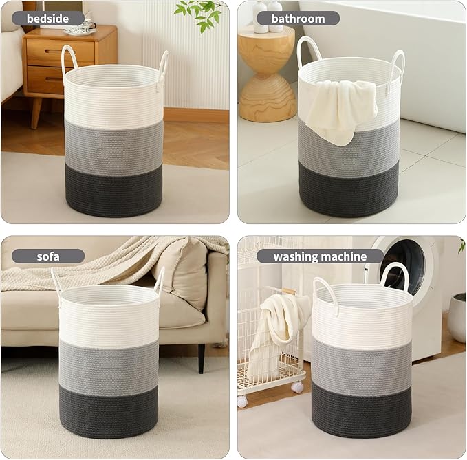 Woven Laundry Hamper Tall Rope Storage Basket for Blanket oys Dirty Clothes in Living Room Bathroom Bedroom (Gradient Grey, 100L/26.4Gal)