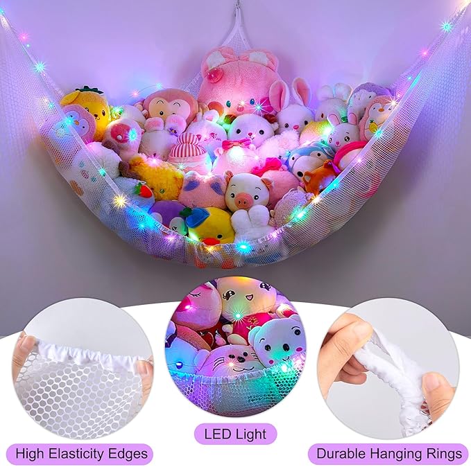 Unicorn Castle Stuffed Animals Net or Hammock Kids Toy Storage Organizer with LED Light Hanging Corner Stuffed Animals Holder Kids Girls Room Decor,White,XLarge (Pack of 1)