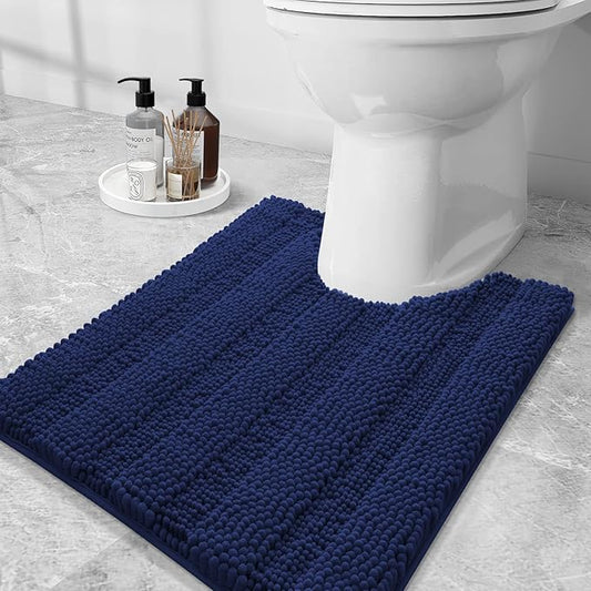 Grandaily Chenille Striped Toilet Rugs U-Shaped 24x20, Extra Soft and Absorbent Bathroom Rugs, Non-Slip Plush Shaggy Bath Rug, Machine Washable Contour Bath Mats for Toilet Base, Navy