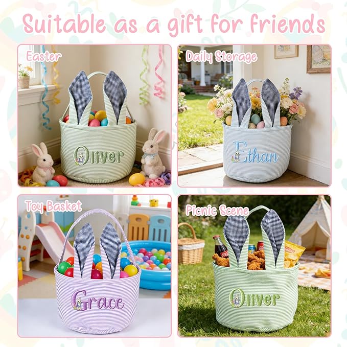 Personalized Easter Embroidered Basket with Name, Custom Seersucker Bunny Easter Egg Hunt Baskets for Kids, Monogram Cute Party Candy Bag with Handles, First Easter Gifts for Baby Girls Boys