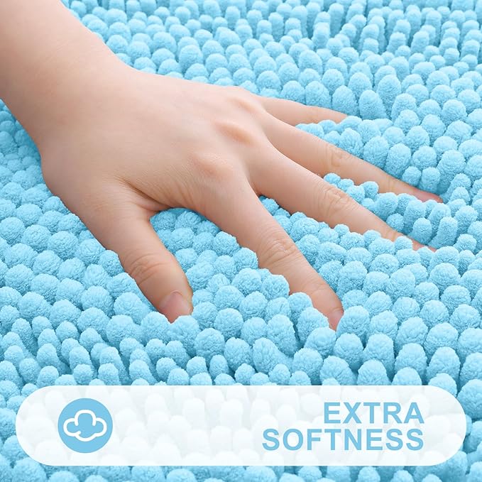 Grandaily Chenille Striped Toilet Rugs U-Shaped 24x20, Extra Soft and Absorbent Bathroom Rugs, Non-Slip Plush Shaggy Bath Rug, Machine Washable Contour Bath Mats for Toilet Base, Blue