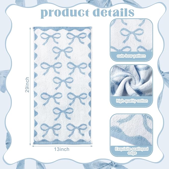 4 Pcs Blue Bow Hand Towels for Bathroom 13 x 29'' Soft 100% Cotton Coquette Face Towel Valentine's Day Kitchen Decor Absorbent Preppy Bathroom Decor Bridal Shower Wedding Gift
