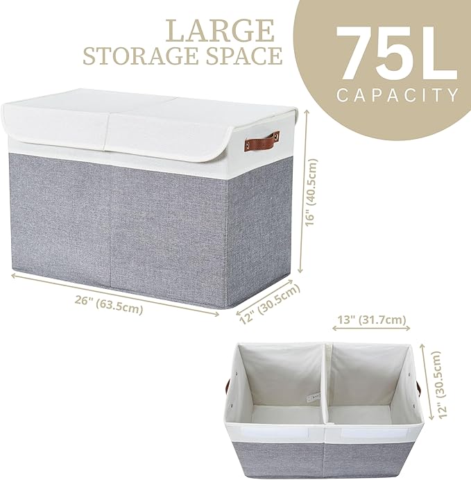 DECOMOMO Large Toy Storage Box with Lid - 25" x 12" x 16" Toy Chest Storage Bin with Divider for Kids, Nursery, Playroom (Grey & White)