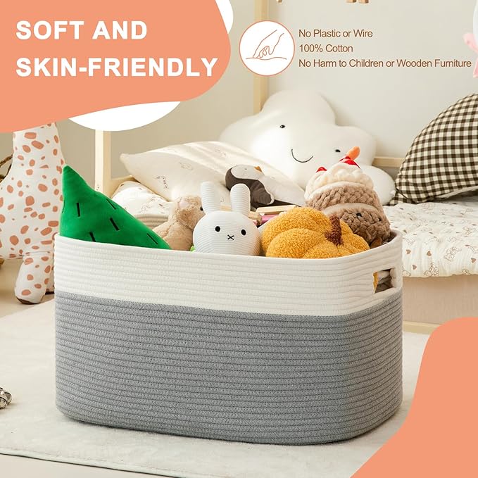 75L Large Blanket Basket, Toy Basket Bin for Kids, Cotton Rope Woven Storage Baskets for Living Room, Bedroom, Nursery, Baby Room Decorative Organizer, 22''×17''×12'', Grey and White