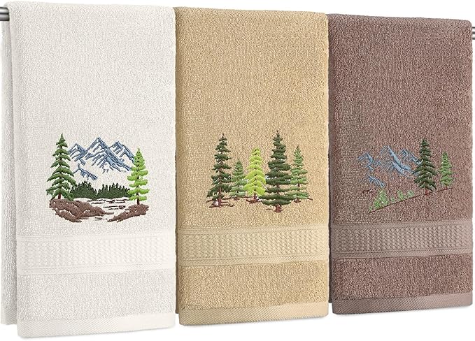 3 Pcs Mountain Hand Towels Farmhouse Decorative Bathroom Towels Set 13.3 x 29.5'' Rustic Pine Trees Country Cabin Lake House Forest Embroidered 100% Cotton for Home Bathroom Kitchen Decor
