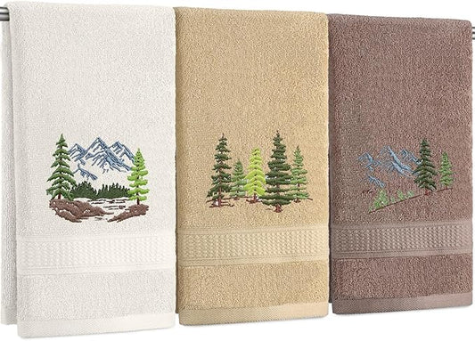 3 Pcs Mountain Hand Towels Farmhouse Decorative Bathroom Towels Set 13.3 x 29.5'' Rustic Pine Trees Country Cabin Lake House Forest Embroidered 100% Cotton for Home Bathroom Kitchen Decor