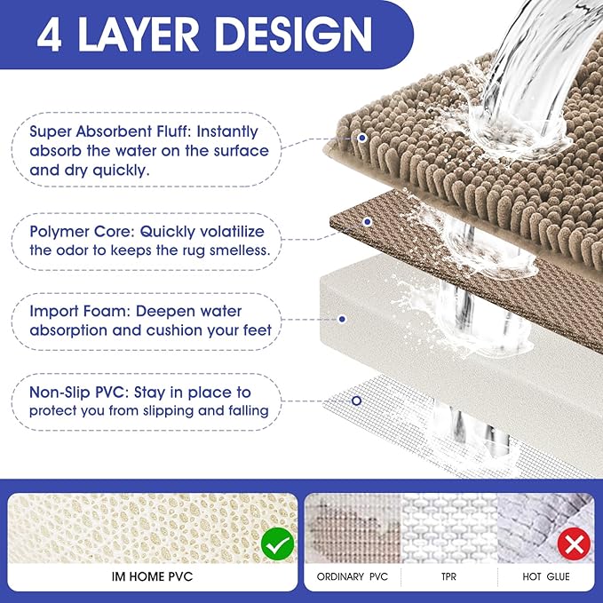 ACCUMTEK Extra Long Striped Dark Beige Bathroom Rug Mat 70"x24" Ultra Soft, Non Slip Chenille Bath Rugs, Absorbent Plush Shaggy Bath Mats for Bathroom, Bedroom, Kitchen, Shower, Tub,Taupe