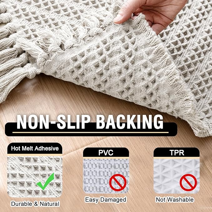 H.VERSAILTEX Waffle Bath Mat Super Absorbent Boho Bath Mat Non Slip Bath Rugs for Bathroom Floor Machine Washable Dry Fast Bathroom Rugs with Tassels (20 x 32 Plus 17 x 24 Inches, Ivory White)