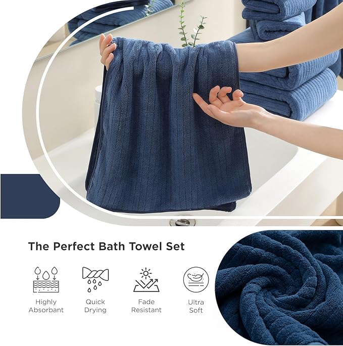 Hailea 18 Piece Family Bath Towel Set Include 6 Bath Towels,6 Hand Towels and 6 Washcloths Soft Bathroom Towel with Hanging Loops,Highly Absorbent Quick Dry Towels Set for Bathroom,Hotel and Spa-Navy