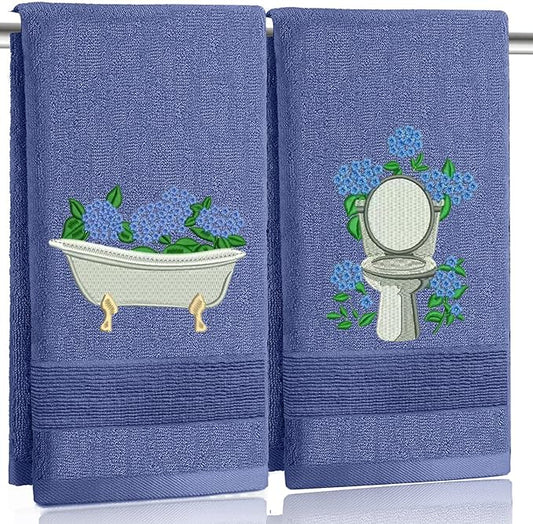 2pcs Blue Hydrangea Hand Towels for Bathroom Decorative Towels Set 100% Cotton cute Embroidered Spring summer floral bath towels dish kitchen towels Farmhouse Bathroom Decor Gift (Blue Hydrangea)