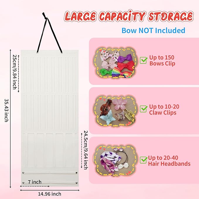 Hair Bow Organizer for Girls, Baby Hair Clips Holder Wall Hanging, Large Felt Bow Storage Display for Girls Hair Bows & Claw Clips, Ribbons, Headbands – Nursery Room Decor (Ivory White)