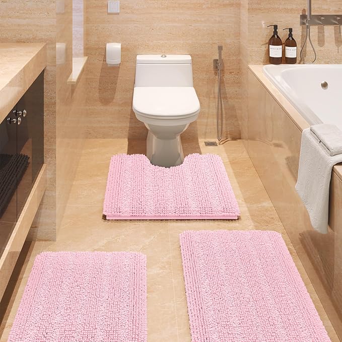 ACCUMTEK Christmas Striped Pink Bathroom Rug Set 3 Pieces Ultra Soft, Non Slip Chenille Toilet Mat, Absorbent Plush Shaggy Bath Mats for Bathroom, Bedroom, Kitchen