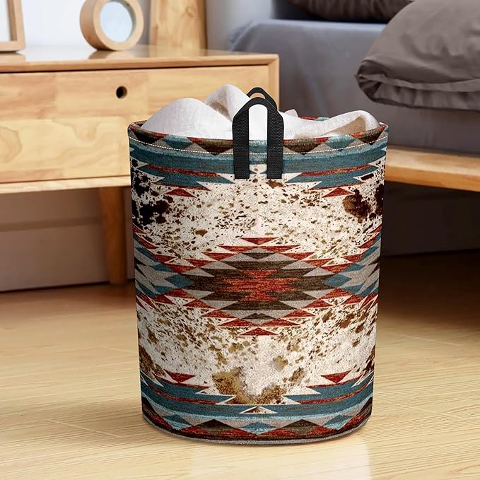 Western Aztec Cow Print Baby Laundry Hamper,Laundry Basket,Waterproof Storage Bin for Bedroom,Clothes Organizer Basket,Toys Box,Room Decor