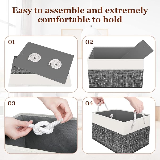Storage Bin,Collapsible Storage Basket For Organizing,Large Storage Boxes With Rope Handles,Storage Containers,White & Black,6 Pack