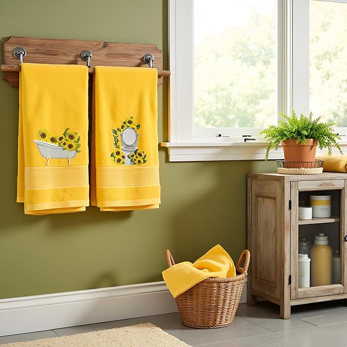 2pcs Yellow Sunflower Hand Towels for Bathroom Decorative Towels Set 100% Cotton cute Embroidered Spring summer floral bath towels dish kitchen towels Farmhouse Bathroom Decor Gift(Yellow Sunflower)