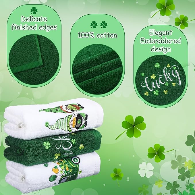 3 Pack Valentine's Day Bath Hand Towels Embroidered 100% Cotton 13.7 x 29.5 in Valentines Red Heart Love Bathroom Kitchen Decorations Valentines Day Dish Towel Gift Set(Green,Gnome)