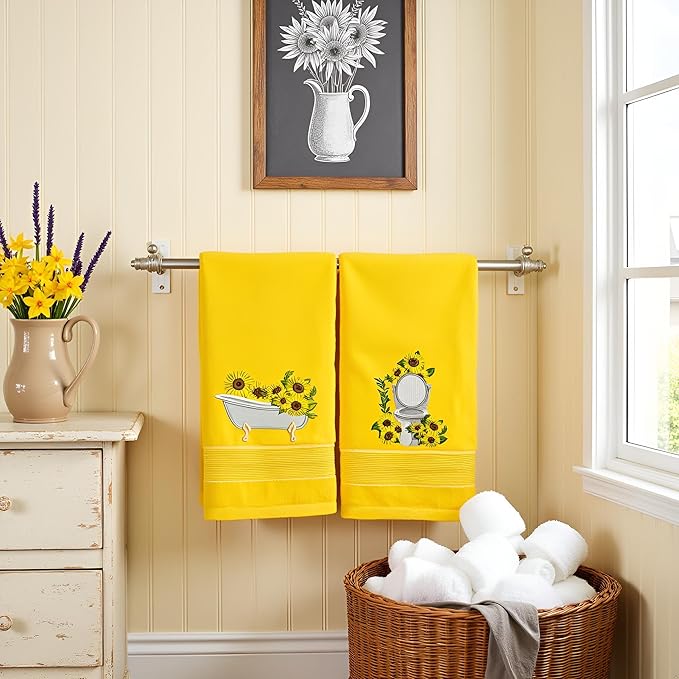 2pcs Yellow Sunflower Hand Towels for Bathroom Decorative Towels Set 100% Cotton cute Embroidered Spring summer floral bath towels dish kitchen towels Farmhouse Bathroom Decor Gift(Yellow Sunflower)
