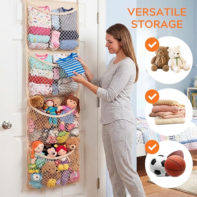 Over The Door Stuffed Animal Storage, Cotton Toy Organizer for Storage Plush Toys,Baby Supplies, Stuffed Animal Holder with 4 Large Pockets, Hanging Door Organizer for Nursery, Bedroom, Kids Room