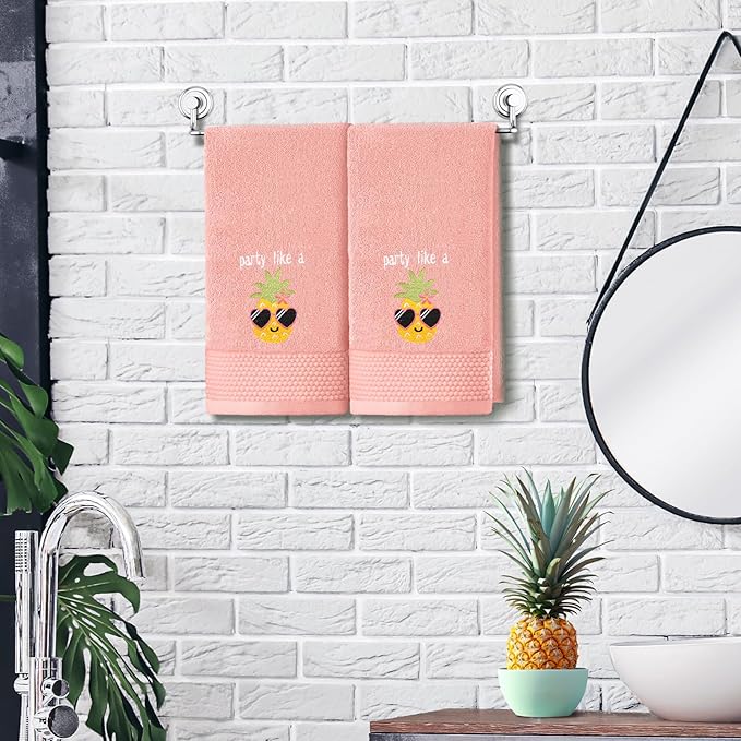 2 Pcs Party Like a Pineapple Hand Towels Coral Bathroom Decor 14x29 Inch Embroidered 100% Cotton Soft Absorbent Spring Summer Decorative Hand Towels for Bathroom Kitchen