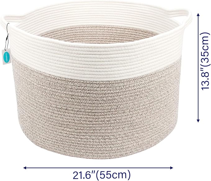Casaphoria XXXLarge Cotton Rope Basket for Living Room - Woven Storage Basket with Handle for Blankets, Towels and Pillows Laundry Hamper | Cream white and Brown (22" x 22" x 14")
