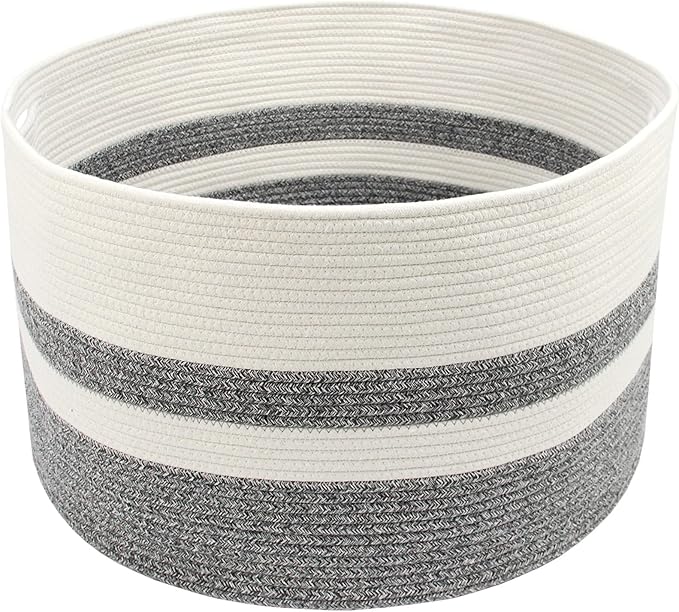Casaphoria XXXLarge Cotton Rope Basket for Living Room - Woven Storage Basket with Handle for Blankets, Towels and Pillows Laundry Hamper | White and Grey (22" x 22" x 14")