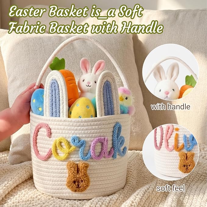 Personalized Easter Basket for Kids with Name - Custom Cute Embroidery Easter Bunny Rope Basket for Boys Girls, Easter Egg Hunt Basket (8 Colors+Rabbit Ear)