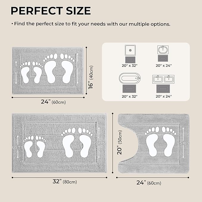 GRANNY SAYS Bathroom Rugs Sets 3 Piece, Super Soft Absorbent Microfiber Bath Mats Non Slip Washable, U-Shaped Toilet Rug Bath Rugs for Tub Shower (Grey, 16" x 24" + 20" x 32" + U Shaped 20" x 24")