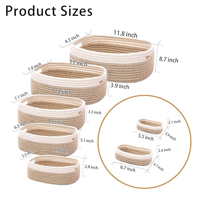 7 Piece Cotton Rope Woven Basket Set - Small Basket for Baby Nursery, Pets, Montessori, Dog & Cat Toy Boxes, Bathroom Organization Bins (White/Brown)