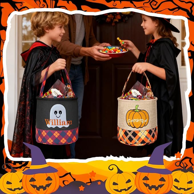 Personalized Halloween Basket, Custom Trick or Treat Bag with Name, Hand-Woven Candy Bucket, Spooky Decor for Boys & Girls (Style 2)