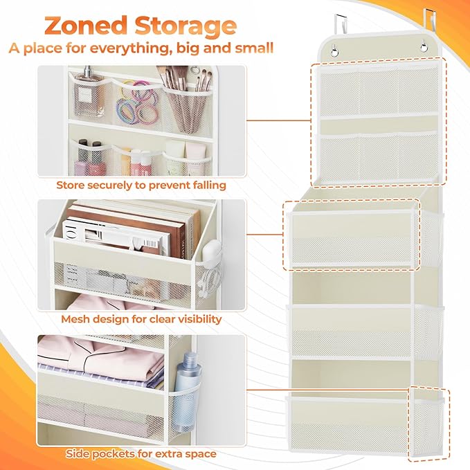5-Tier Over The Door Organizer with Mesh Pockets, Baby Nursery Storage for Closet, Bathroom and Bedroom, Adjustable Hanging Closet Organizer for Cosmetics, Books and Essentials（Beige）