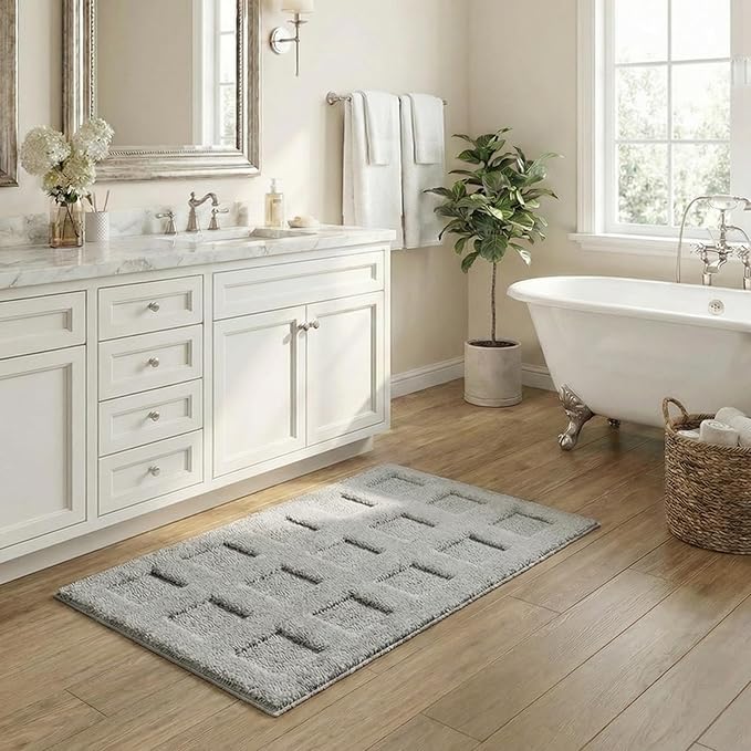 GRANNY SAYS Bathroom Rugs Non Slip Washable, Extra Soft & Water Absorbent Bath Mats for Bathroom, Plush Shaggy Bath Carpet, Grey Waffle Bath Mat Quick Dry for Tub & Shower, 16" x 24"