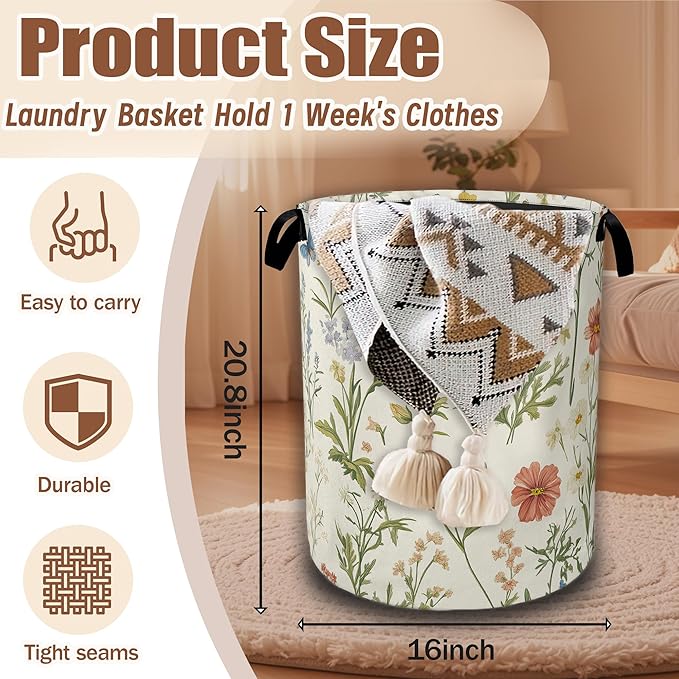 Herbs Wild Flowers Laundry Baskets,Vintage Floral Laundry Hamper,Storage Basket with Handles for Bathroom Bedroom College Dormitory Living Room Nursery Organizer 16"x20.8"